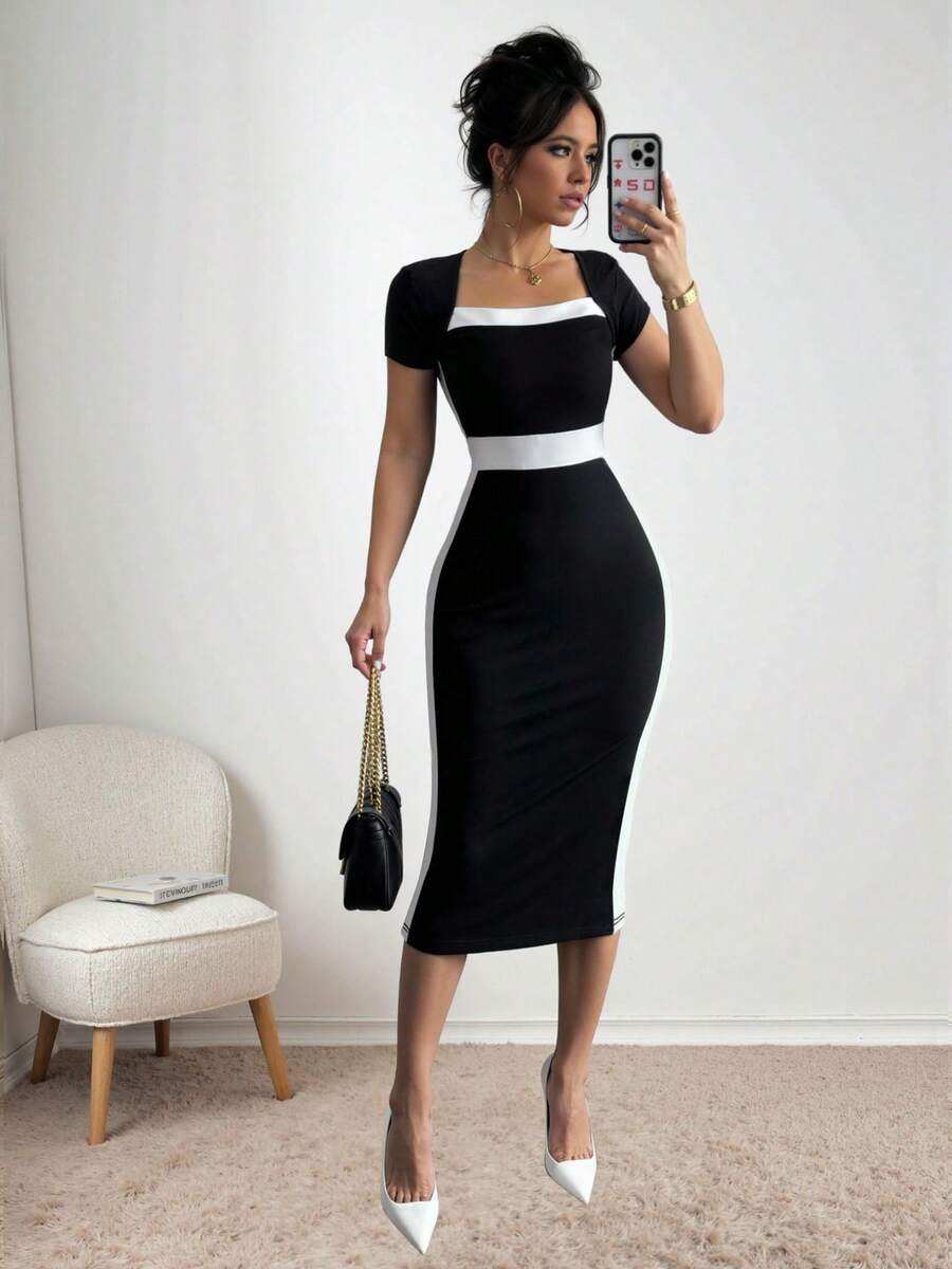 Vestido informal de mujer con escote cuadrado, manga corta, corte entallado y contraste en blanco y negro - Blanco y Negro - Ver 1