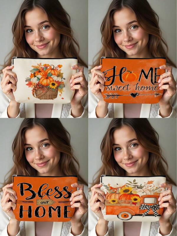 1pc Autumn Pumpkin Sunflower Maple Leaf Bow Carving Letter & Linen Print Makeup Bag, Cute Travel Cosmetic Bag & Multipurpose Coin Purse, Convenient Gift For Women