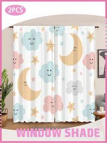 2 Panels Moon & Stars Smile Curtains - Whimsical Cloud Night Sky Print Blackout Drapes For Kids Room, Nursery & Bedroom - Multicolor - View 1