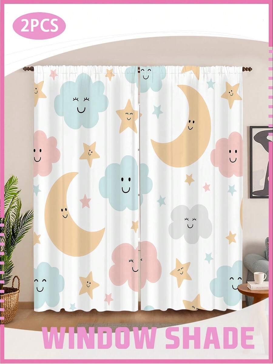 2 Panels Moon & Stars Smile Curtains - Whimsical Cloud Night Sky Print Blackout Drapes For Kids Room, Nursery & Bedroom - Multicolor - View 1