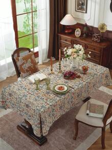 1pc Elegant Floral Printed Square Tablecloth, Rectangular Shape, Vintage & Sophisticated, Suitable For Wedding, Spring/Summer, Afternoon Tea, Kitchen Gathering Decoration