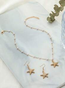 Goldfarbenenes Seestern Halsketten & Ohrringe Set (handgefertigte Kette auf Maß geschnitten, variable Anzahl von Perlen, variable Größe der Strass)