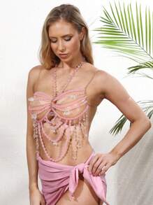 Corrente de biquíni sexy unissex, lingerie com colar de pérolas, arnês de peito, sutiã decorativo transparente exótico, adequado para praia, festa, feriado, festival de música