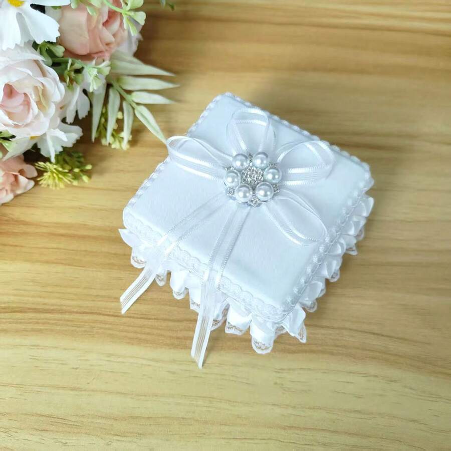 1 件方形戒指盒，带珍珠装饰（不含戒指），结婚戒指盒，婚礼用品，情人节礼物 - 圍珠款 - 查看 1