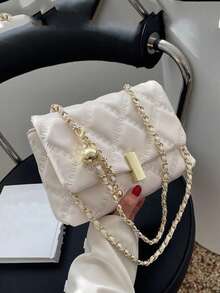 纯色单肩包，时尚百搭小方形手提包，链条肩带，通勤休闲两用 - 米色 - 查看 4