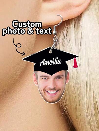1 pieza Pendientes personalizados con foto del rostro + nombre con birrete de graduación - Joyería colgante de acrílico personalizado con foto como regalo para graduados, para fiesta de graduación divertida