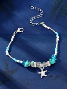 1pc Bohemian Handmade Turquoise Beaded Chain Silver Charm Anklets Summer Holiday Beach Foot Jewelry