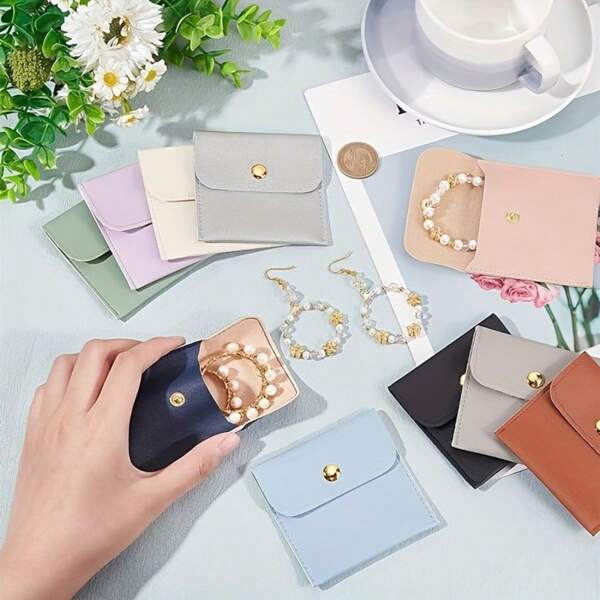 Set de 10 bolsitas de joyería de piel sintética PU de 3.15"X3.15" con cierre a presión, bolsas de regalo para mujeres y niñas, empaque para collares, ideal para viajes