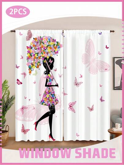2片装花卉少女和蝴蝶印花窗帘 - 遮光窗帘，适合女孩卧室装饰