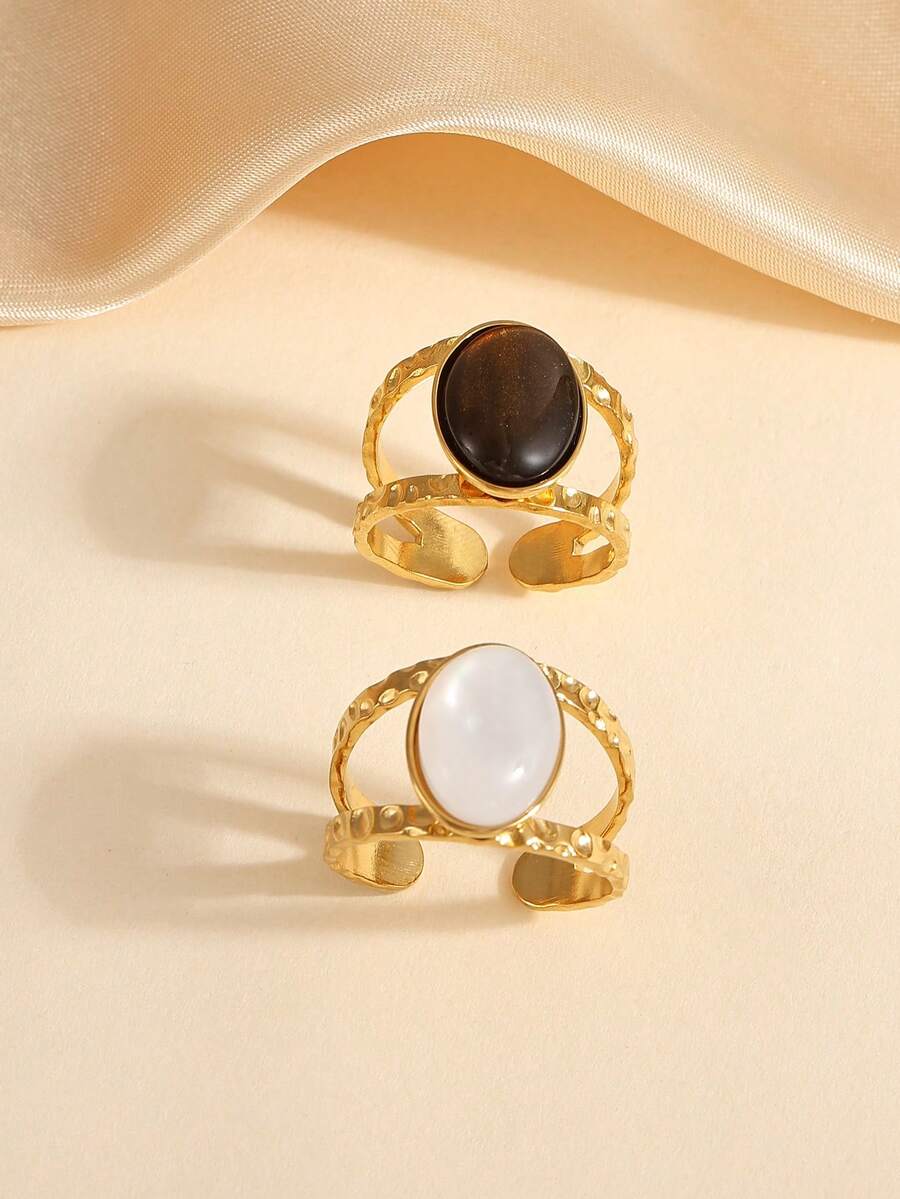 2 件不锈钢复古金戒指套装，镶嵌棕色和白色宝石，适合女性日常佩戴或送礼
