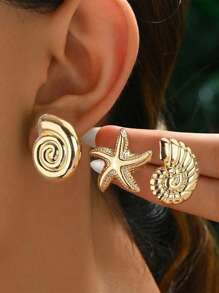 3pcs/Set Starfish & Shell Shaped Stud Earrings Set, Ocean Themed Fashion Beach Jewelry Accessories