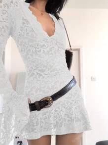 2 pezzi/set Abito con maniche a campana e inserti in pizzo per donne, novità, primavera/estate