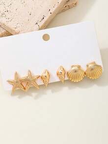 3pairs Elegant Versatile Fashionable Summer Vacation Style European & American New Metallic Gold Starfish, Sea Shell, Sea Life Series Women Earrings Set, Suitable For Daily Commute, Beach Vacation, Party, Refined Jewelry Gift, Stylish Campus Items, Perfect For Best Friends - 3 Pairs Of Earrings Set - View 18