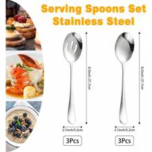 KUAOOAUK 6-teiliges Servierbesteck-Set, inklusive 3 Servierlöffeln mit Schlitzen und 3 Servierlöffeln aus Edelstahl, hochglanzpoliert, spülmaschinenfest