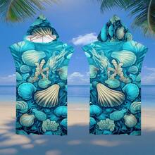 1pc Seashell Printed Hooded Cloak, Ultra-Fine Fiber Beach Blanket And Hooded Beach Poncho 2-In-1, With Buttons, Unbuttoned Can Convert To Beach Blanket, Super Absorbent Towel, Suitable For Travel, Swimming Pool, Diving, Surfing, Yoga, Camping, Available For Adults And Kids Back To School - Multicolor - View 5