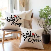 2 件皇冠、字母、心形印花枕套 [无内衬]，17.7*17.7 英寸 (45*45 厘米)，[单面印刷]，国王和王后主题，涤纶靠垫套，适用于沙发、床、客厅、卧室、汽车、办公室、酒店装饰，适合所有季节，是送给家人和朋友的完美礼物 - 彩色 - 查看 2