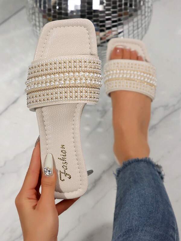 Women's Casual Slippers With Rhinestone Decor, Versatile Outdoor Flat Plastic Sandals