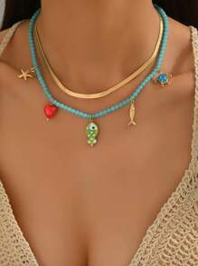 1pc Fashionable Beaded Starfish & Snake Chain Necklace Set, Casual To Party Jewelry For Women
