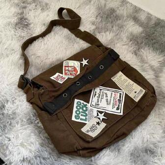Y2K Women's Messenger Bag With Star Patchwork Design - Single Shoulder Canvas Bag For Commuting And Daily Use Leisure Demeanor, Holiday Shopping, Shopping, Commuting, Suitable For Young Women, College Students, White-Collar Workers, Gift Giving For Men And Women Large Capacity Patch Design