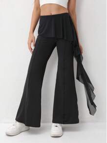 Women's Solid Color Ruffle Hem Mesh Flare Casual Sports Pants