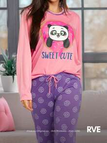 Women's Cold Weather Pajamas, Long Sleeve Top And Pants, Blogger Set, Master Comfort Print, Cute Animals - Purple - View 2