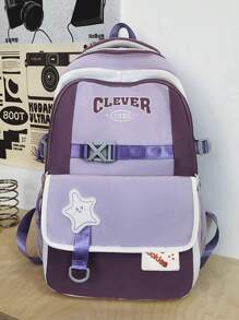 1 Pc American Retro Style Student Backpack.Large Capcity School Bag With Smiling Star Applique.Dual-Compartment Design With 'Cookies' Patch And Adjustable Padded Straps.Lightweight School Backpack.Lively Student Bag.Women's Backpack.Soft Fabric School Rucksack With Side Toggle Pockets.Back To School Supplies.Perfect For School,Back To School, Picnics Or Family Outings,Weekender.Summer Necessities.