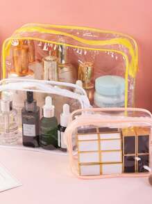 1 pieza Bolsa de cosméticos portátil de PVC, bolsa de aseo transparente, organizador de viaje para niñas, impermeable, almacenamiento, baño, almacenamiento de pañales (color/estilo aleatorio)