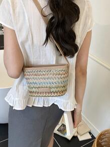 Bolso de cubo de estilo callejero y vacacional tejido de colores, bolso versátil para el hombro para mujeres