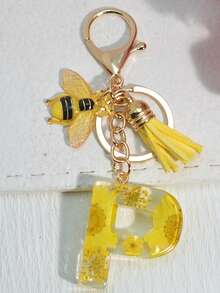 1 件首字母钥匙扣，带粉色可爱雏菊干花，女孩/女士包包吊坠装饰，带流苏配饰背包，适合学校汽车配饰哥特 Y2k - 黃色 - 查看 24