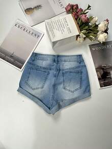 Women's Denim Rolled Edge Washed Slimming And Slim Fit Elastic Denim Shorts - Blue - View 4