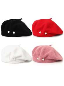 1 件女士纯色珍珠装饰羊毛休闲贝雷帽优雅帽子 - 彩色 - 查看 13