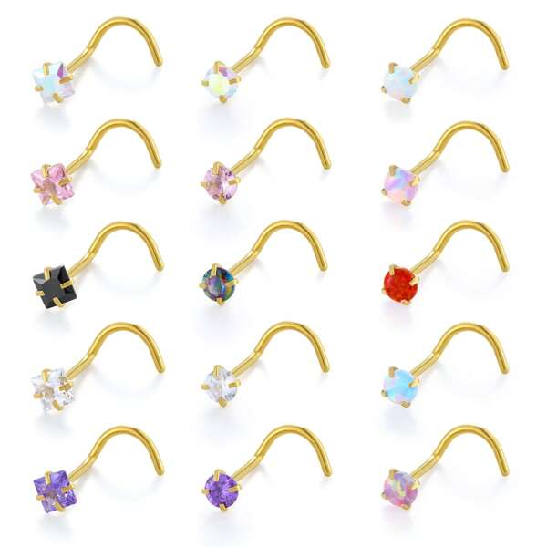 15pcs Ladies' Hypoallergenic Nose Rings 20G Stainless Steel Nose Studs, S-Shaped Stud Earrings, Cubic Zirconia Nose/Lip Piercings Jewelry Unisex