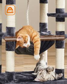 Arbre à Chat Hauteur 143 cm, Tour de Jeux pour Chat, avec 11 Poteaux à Griffer, 2 Plateformes, 1 Niche, 1 Hamac, 2 Pompons, en Tissu Peluche, Plusieurs Niveaux, Gris foncé - Gris foncé - Voir 3