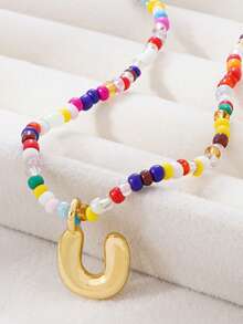 1pc Multicolor Glass Beads Letter Pendant Necklace, Bronze Tone - Multicolor - View 23