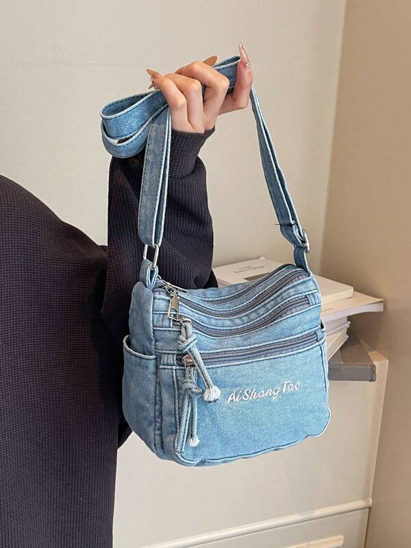 1 Piece Women Casual Denim Crossbody Bag Multi-Layer Zipper Closure Small Square Bag Multi Pocket Casual Shoulder Bag For Daily Use, Classic Denim Style, Embroidered Letter Decoration, Mini Crossbody Bag Is The Best Gift For Girls Who Want To Be Lighter And More Convenient