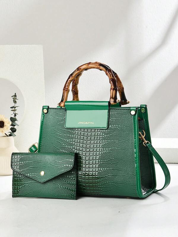 Luxury High-End Tote Bag For Women, Large Capacity Lizard Embossed Faux Leather Handbag, Stylish Bamboo Handle Shoulder Crossbody Bag With Detachable Strap And Coin Purse, Middle-Aged Mom Bag