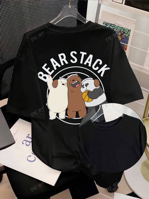 Warner Bros Lente en zomer, oversized katoenen casual T-shirt met ronde hals en korte mouwen voor dames, We Bare Bear, schattig nude berenpatroon in sportstijl