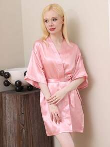 1pc Women's Solid Color Elegant Tie-Up Autumn/Winter Bathrobe, Sexy Short Satin Silk Soft Sleepwear, Suitable For Bride, Bridesmaid, Home Use Bathroom Decor Summer Back To School