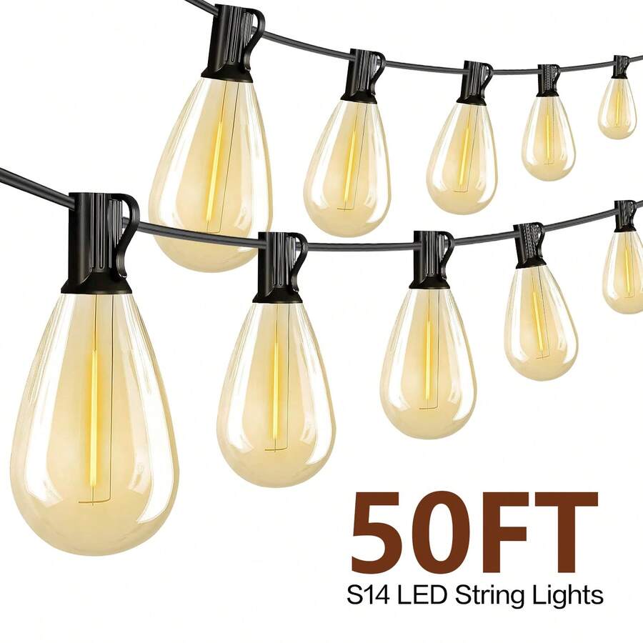 S14 50/100ft Outdoor String Lights, 2700K Dimmable, S14 LED Patio Lights With 13/25 Edison Vintage Bulbs, Connectable Outdoor String Lights For Porch Backyard Bistro, Waterproof & Shatterproof. - 查看 1