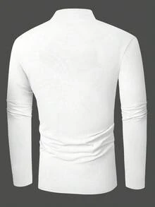 1pc Men's Casual Solid Print Button Collar Long Sleeve Polo Shirt, Suitable For Spring And Autumn, For Fall - White - View 3