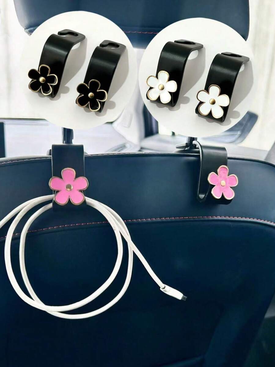 2pcs Triple-Color Metal Flower Single Hook Hanging Vehicle Seat Back Storage Hooks, Car Interior Organization - Black - View 1