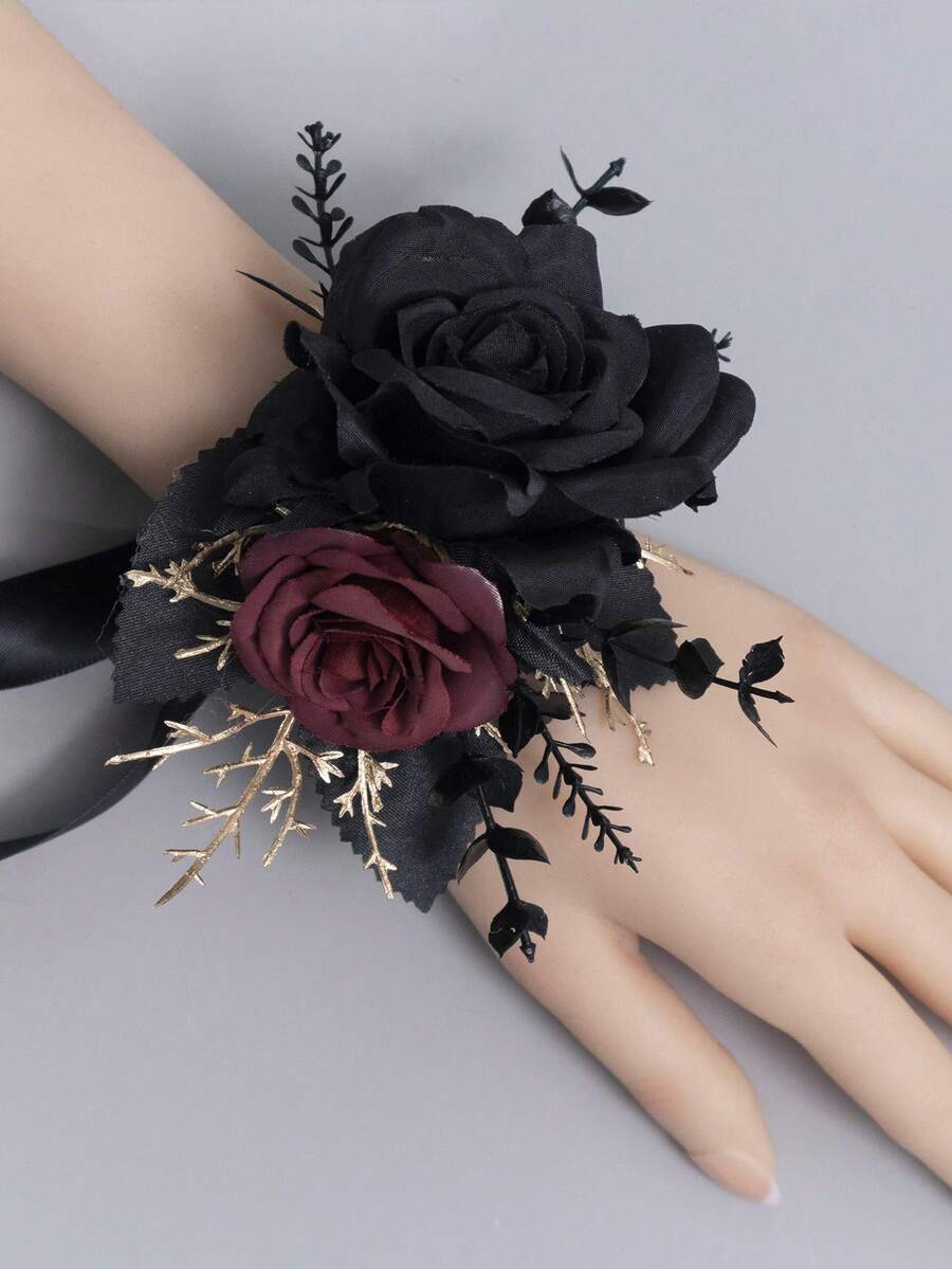 1 件装暗黑酒红色玫瑰腕花，适用于婚礼，人造花玫瑰哥特式婚礼腕花，适合舞会、返校节派对，新娘、伴娘、新娘母亲和新郎母亲佩戴，情人节配饰 - 彩色 - 查看 1