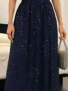New Elegant Party Tulle Skirt With Rhinestones - Navy Blue - View 2