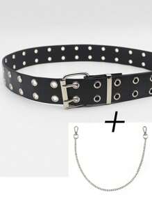 Square Buckle Punk Silver Double - Eyelets Chain - Decor Jeans Belt - Y2K Stylish & Timeless Versatile Essential Summer, School Casual, Business, Boyfriend Husband Father Dad Men Gift, Daily Wear, Fashion, Teen, Outdoor, Vacation, Athletic, Travel, Street, Boho, Vintage Fall, Autumn, Halloween Autumn-Winter Accessories,Suitable For Teens, Youth,Men,Casual, Outdoor, Athletic, Vacation, Graduation Gifts, Birthday, Daily Wear