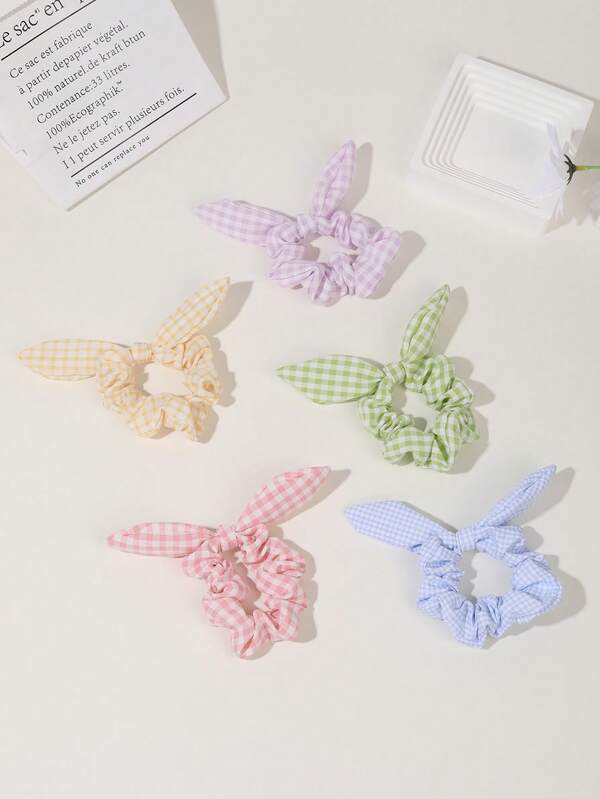 1/5pcs Cute Candy Color Checkered Rabbit Ear Shaped Hair Scrunchies, Children Hair Accessories