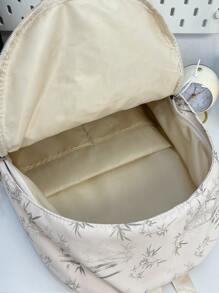 1 buc Rucsac de damă cu capacitate mare, din nailon alb, cu fermoar neted, cu imprimeu de frunze de bambus, la modă, versatil, casual, 2025, vară nouă, elegantă, unică