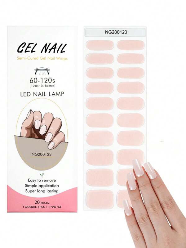 1 caja de adhesivos de esmalte de uñas en gel UV, tiras de uñas de color rosa clásico sólido y duradero de curado parcial, fácil de poner y quitar