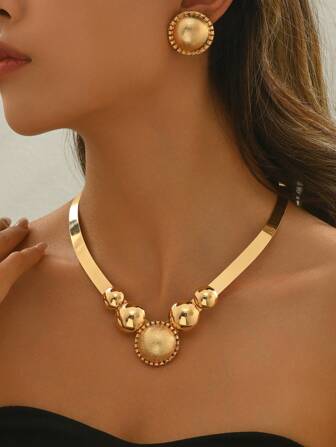 3 件套优雅 V 形和圆形几何项链套装，金属金色颈链，耳钉，百搭欧式珠宝套装