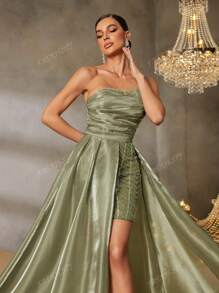 Faeriesty Faeriesty Elegant Strapless Evening Gown With Back Tie Closure & High-Slit Skirt – Elegant Formal Dress For Red Carpet Events, Gala Dinners, Wedding Receptions, Black-Tie Galas, And Grand Celebrations