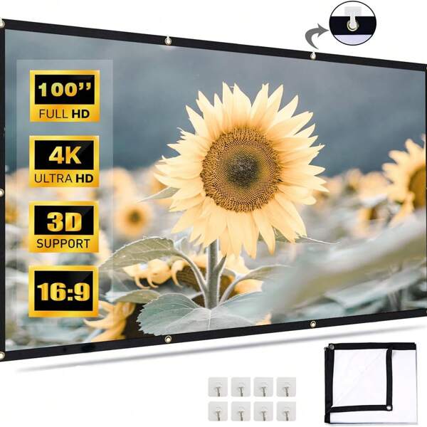 GAINVANE Projector Screen 60/72/84/100/120/150 Inch, Movie Projector Screen 16:9 Foldable And Portable Anti-Crease Indoor Outdoor Projection Double Sided Video Projector Screen For Home, Party, Office, Classroom Back To School